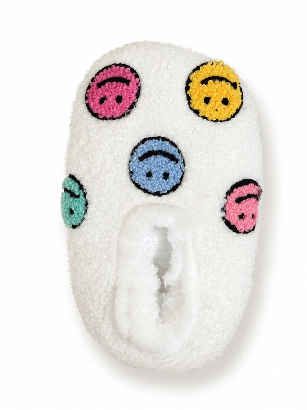 Cozy White Sherpa Slippers Size 12-13 with Colorful Smiley Patches